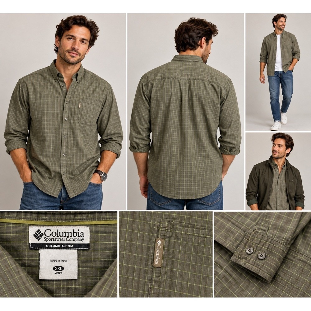 Columbia Mens XXL Olive Green Grid Long Sleeve Button Down Shirt Pocket Logo